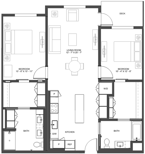 Floor plan for 2 beds, 2 baths, 1230 sqft